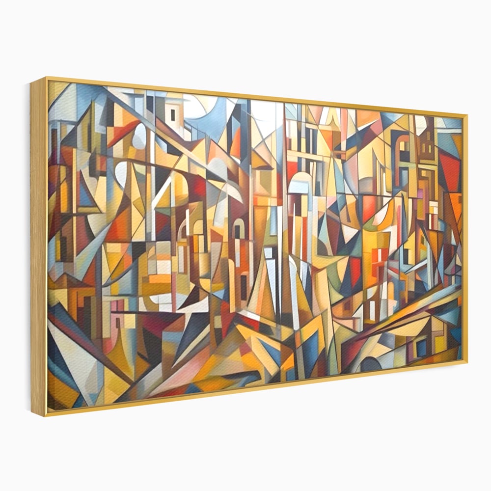 Tablou canvas cu tablou abstract cu peisaj urban, in rama de aluminiu auriu